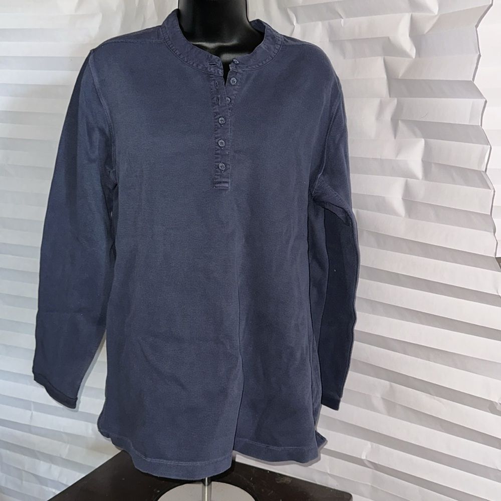 Denim & Co. Ribbed Henley Shirt Dark Blue Long Sleeve Top Size L Casual